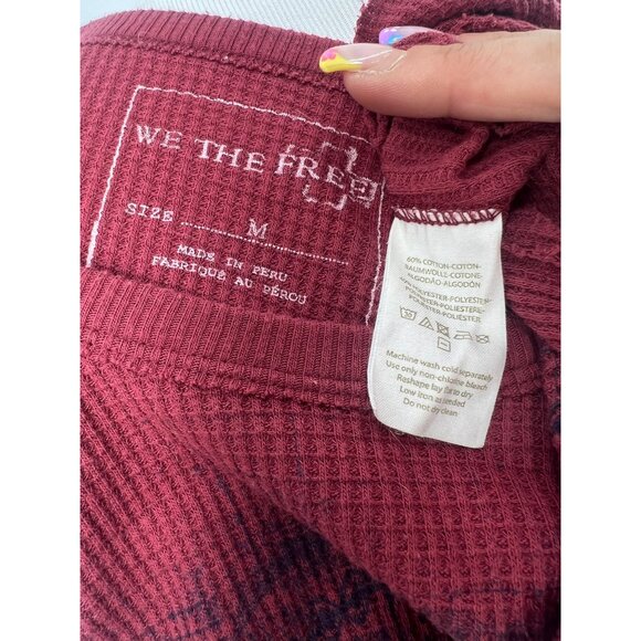 Free People Burgundy Graphic Bull Print Waffle Knit Thermal Top M | Western Boho - Picture 7 of 11